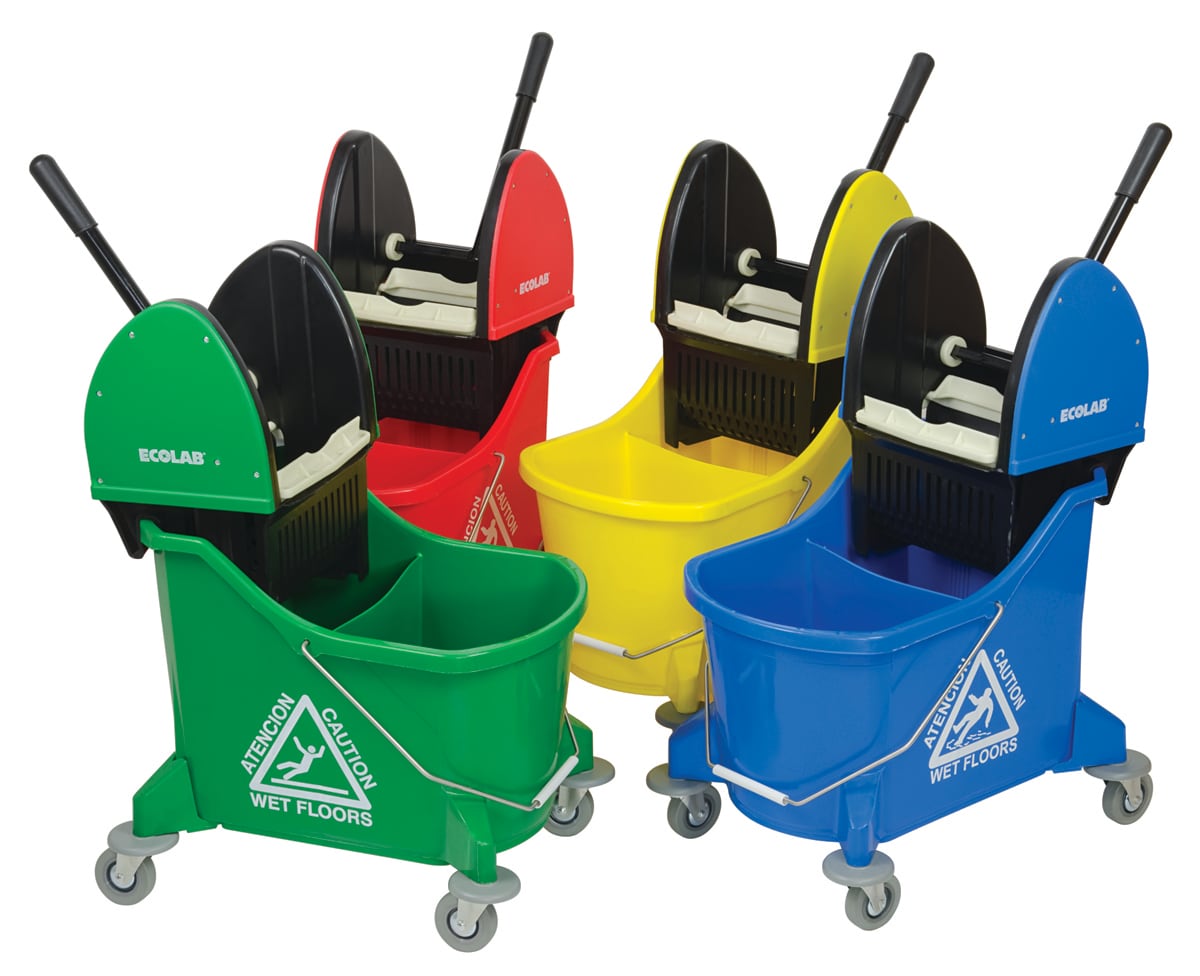 Mop buckets in colors green, red, yellow and blue.