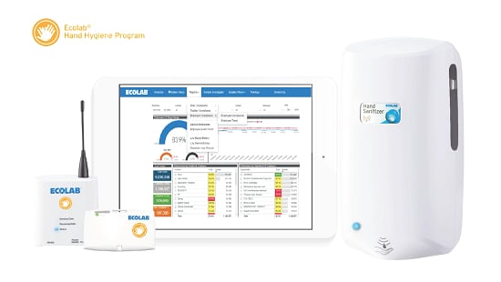 Ecolab hand hygiene program dashboard on a tablet device with a connected hand sanitizer machine.