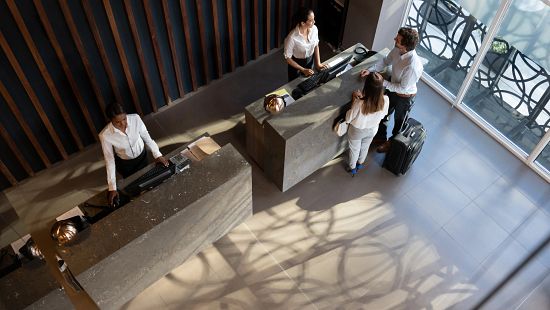 Overhead view of hotel lobby